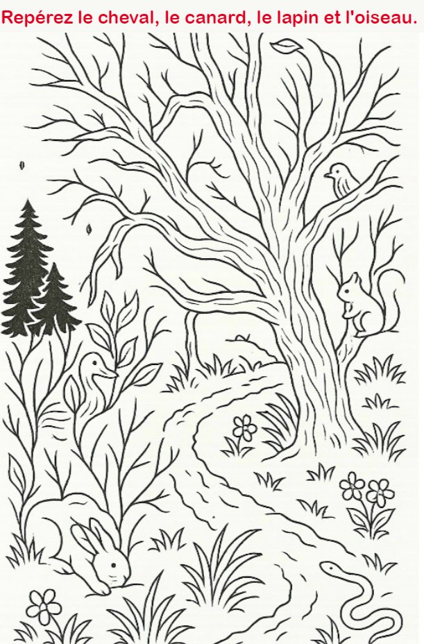 Repérez le cheval, le canard, le lapin et l’oiseau.
