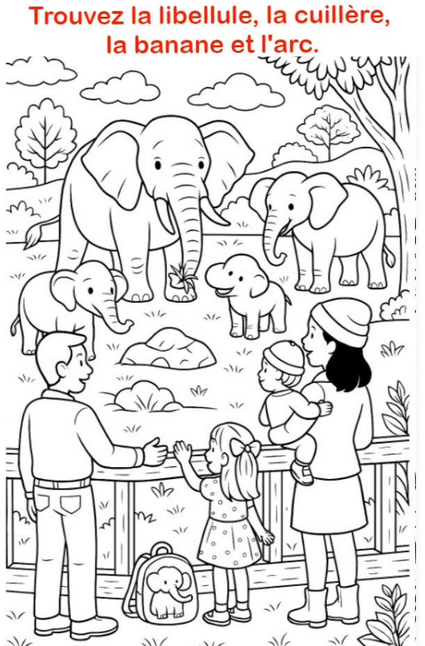 Trouvez la libellule, la cuillère, la banane et l’arc.