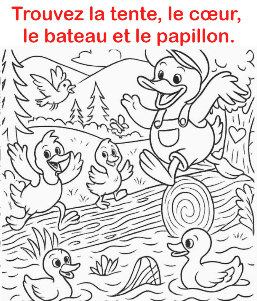 Trouvez la tente, le cœur, le bateau et le papillon.