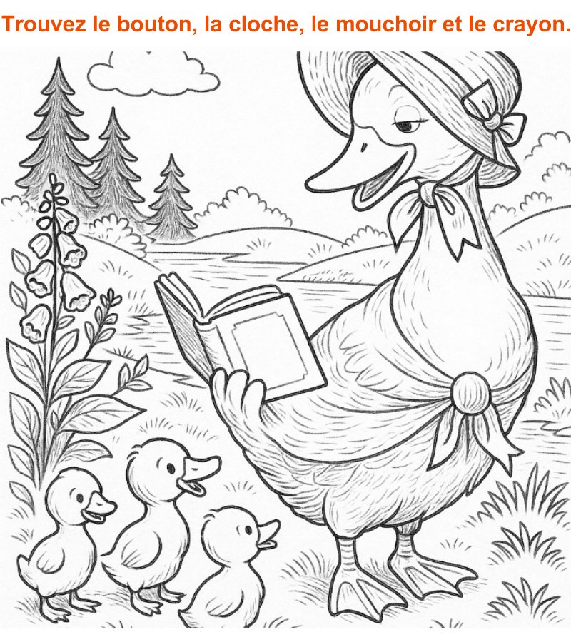 Trouvez le bouton, la cloche, le mouchoir et le crayon.