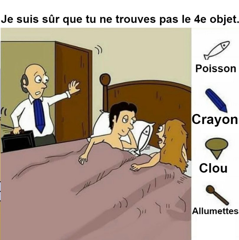 Trouvez un poisson, un crayon, un clou et des allumettes.