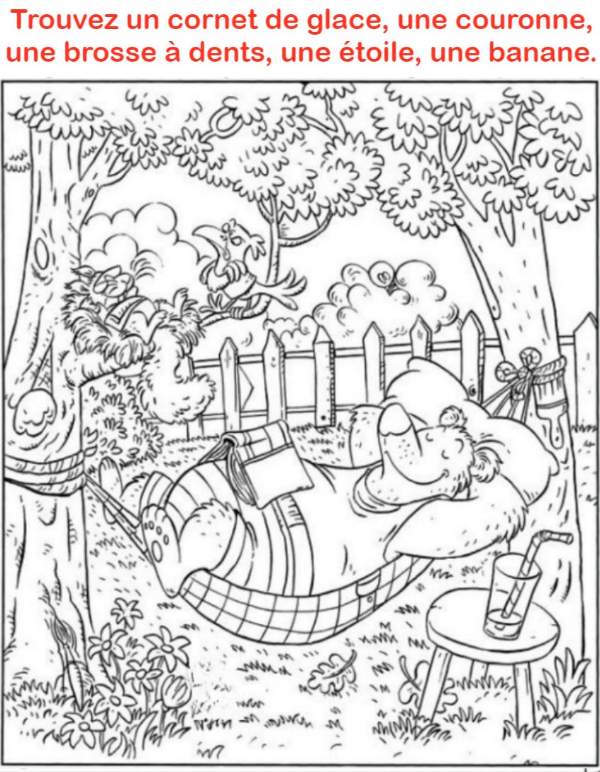 Trouvez un cornet de glace, une couronne, une brosse à dents, une étoile, une banane.