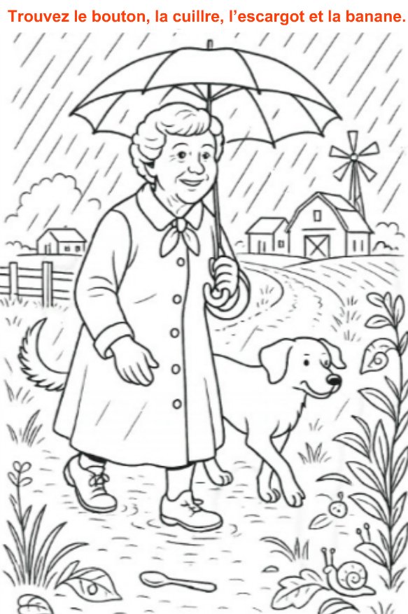Trouvez le bouton, la cuillère, l’escargot et la banane.