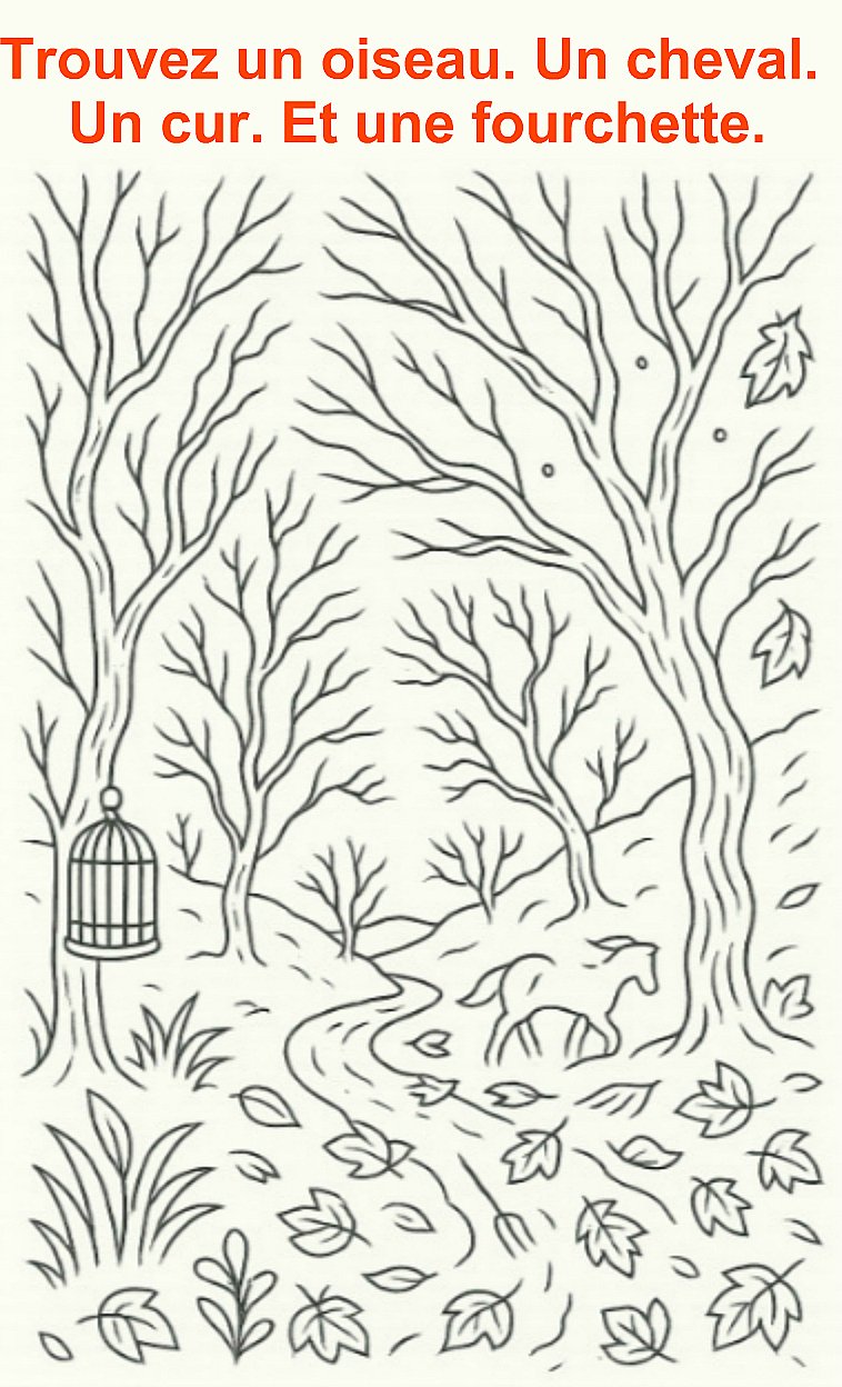 Trouvez un oiseau. Un cheval. Un cœur. Et une fourchette.