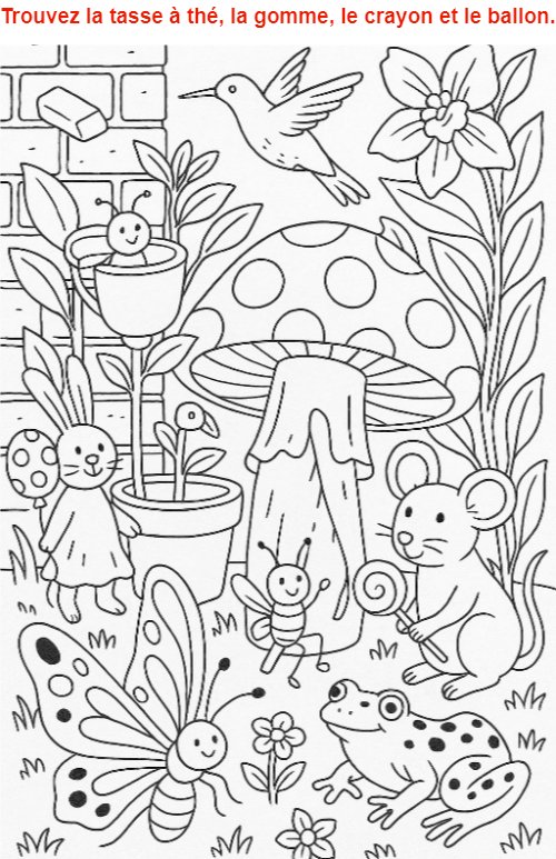 Trouvez la tasse à thé, la gomme, le crayon et le ballon.