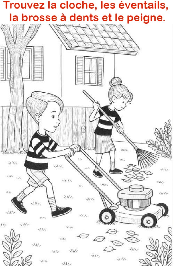 Trouvez la cloche, les éventails, la brosse à dents et le peigne