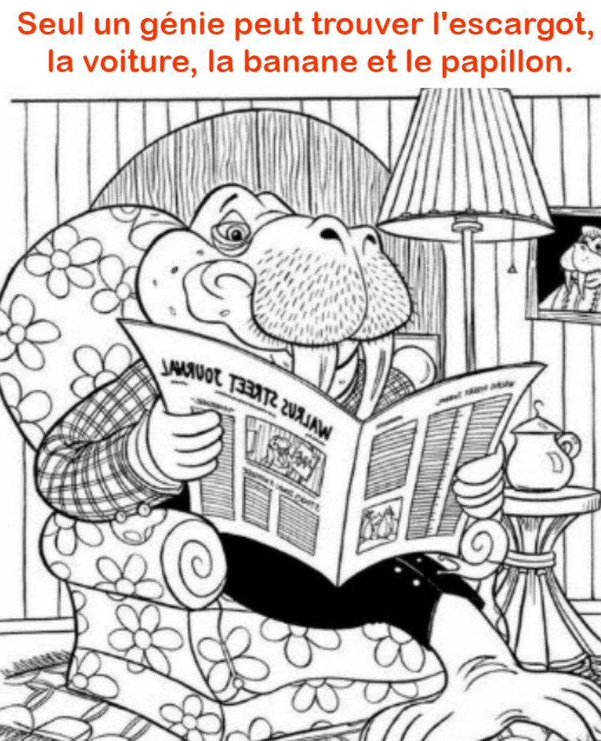 Seul un génie peut trouver l’escargot, la voiture, la banane et le papillon.