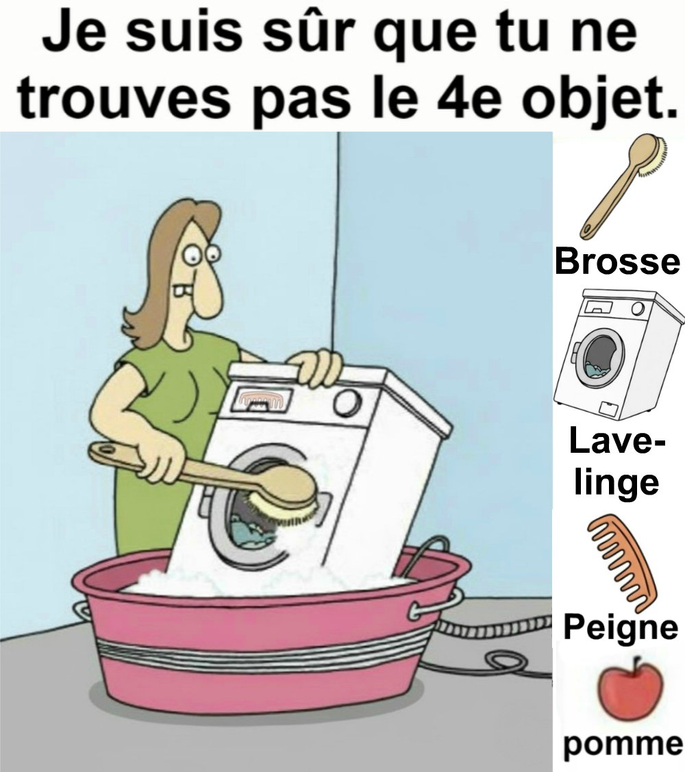 Trouvez brosse, lave-linge, peigne, pomme. Trouvez brosse, lave-linge, peigne, pomme.