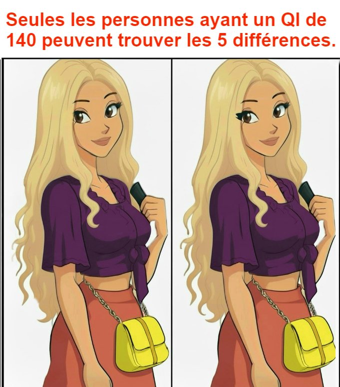 Seules les personnes ayant un QI de 140 peuvent trouver les 5 différences. Seules les personnes ayant un QI de 140 peuvent trouver les 5 différences.