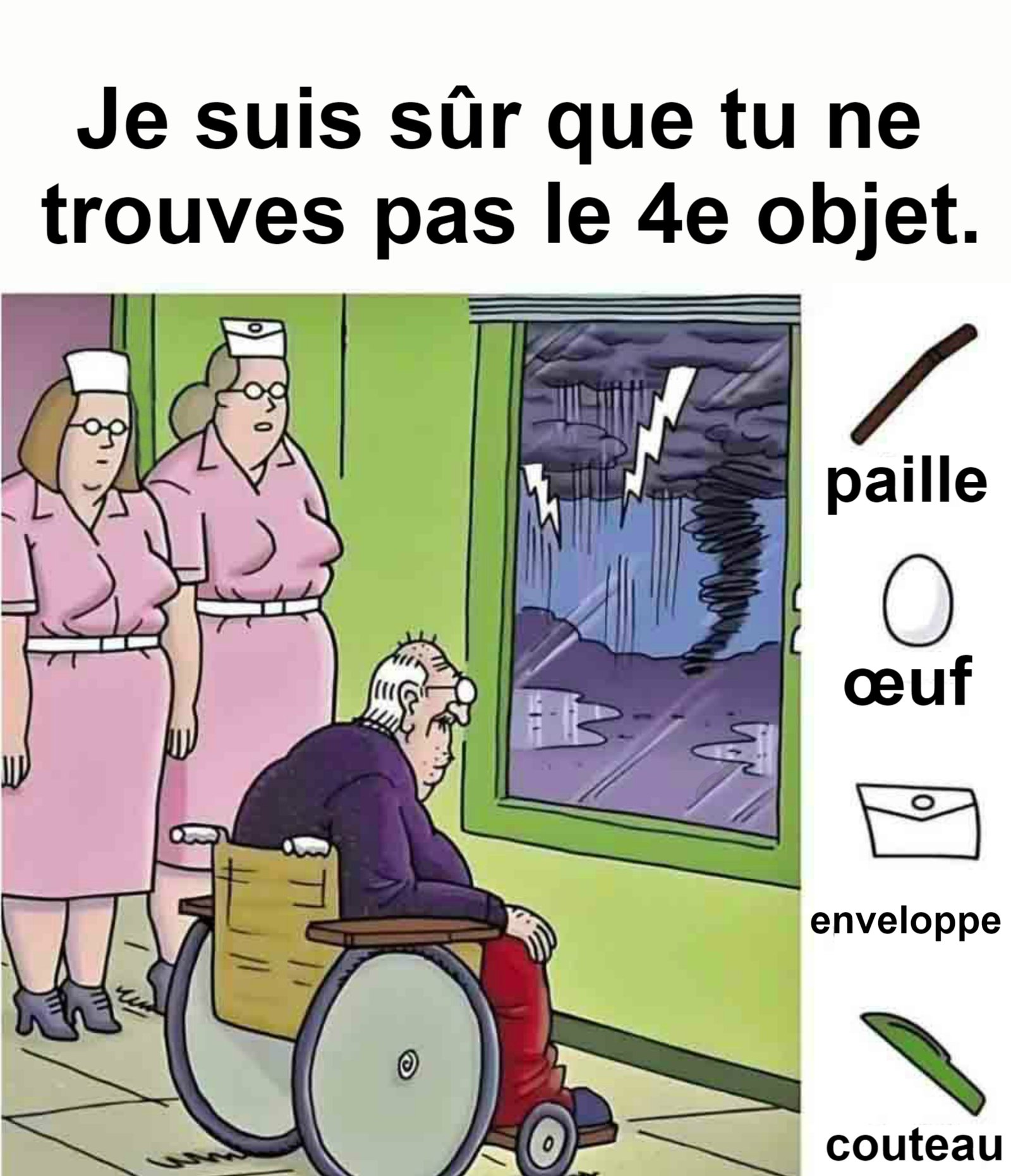 Trouvez la paille, l’œuf, l’enveloppe et le couteau.