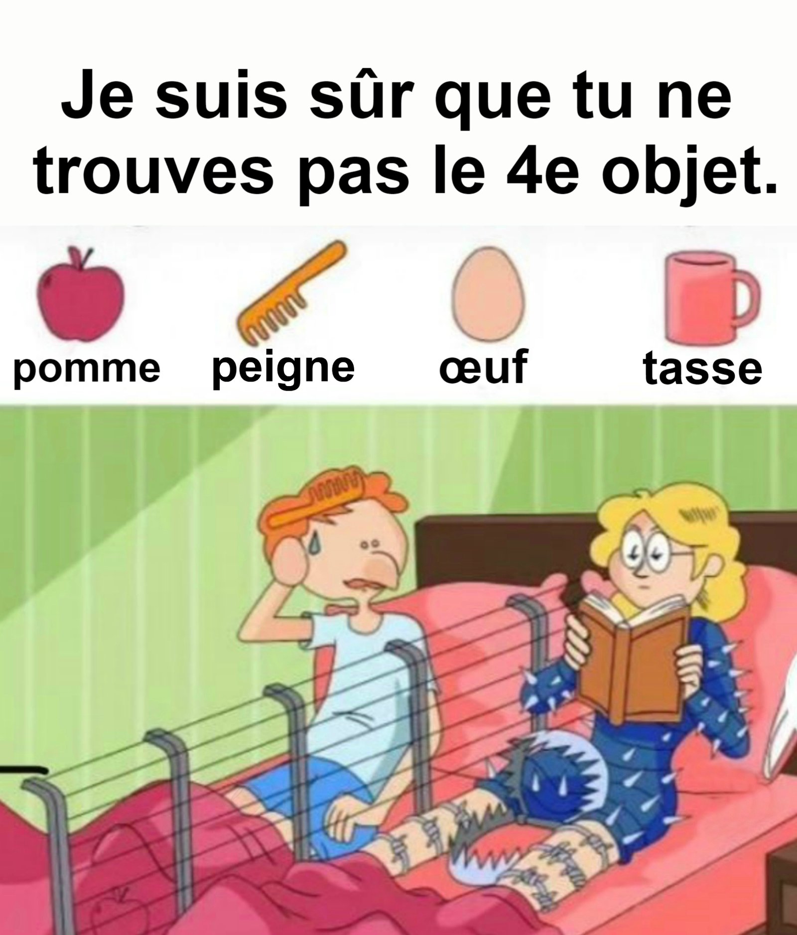 Trouvez une pomme, un peigne, un œuf, une tasse.
