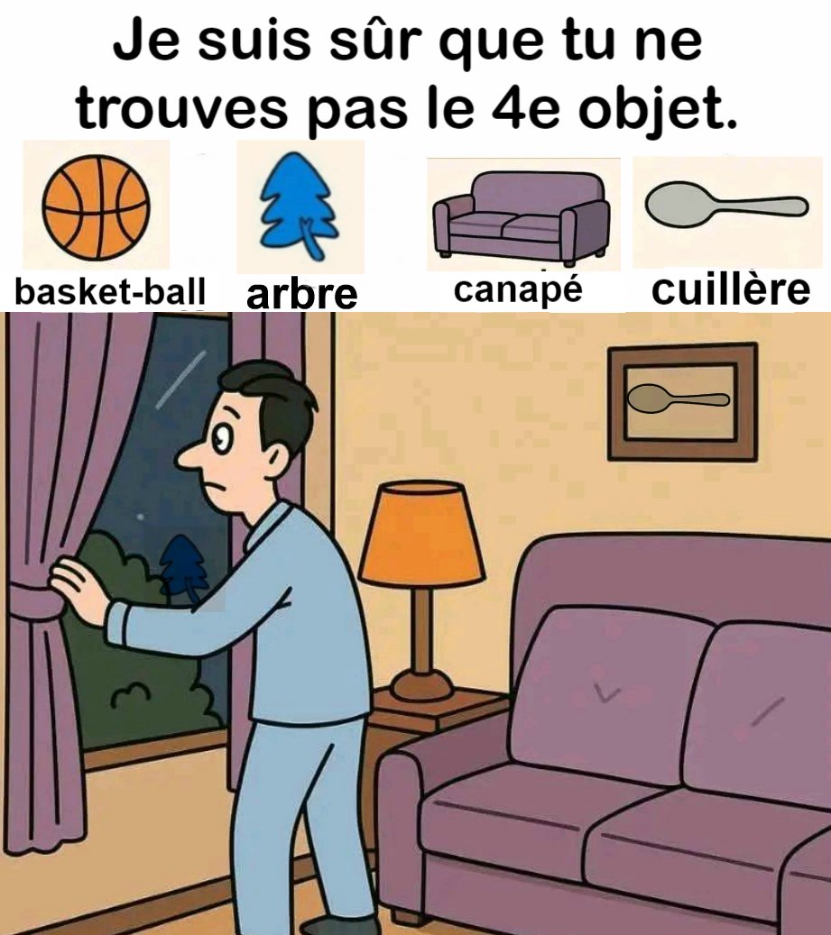 Trouvez le ballon de basket, l’arbre, la cuillère et le canapé.