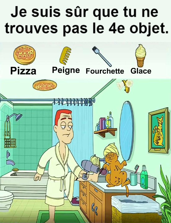 Trouvez le pizza,  le peigne, le fourchette et le glace.