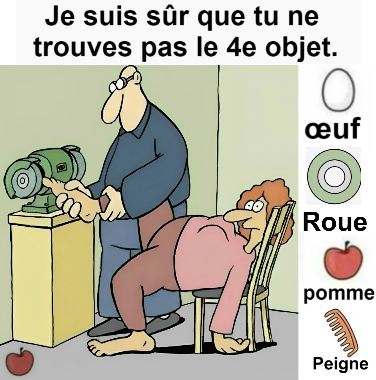 Trouvez Œuf, Roue, Pomme, Peigne. Trouvez Œuf, Roue, Pomme, Peigne.