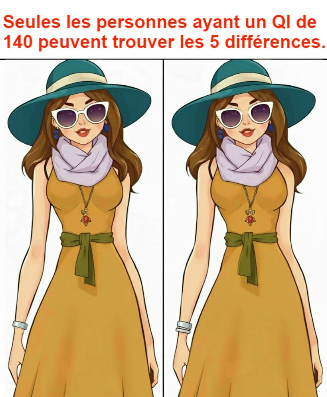 Seules les personnes ayant un QI de 140 peuvent trouver les 5 différences. Seules les personnes ayant un QI de 140 peuvent trouver les 5 différences.