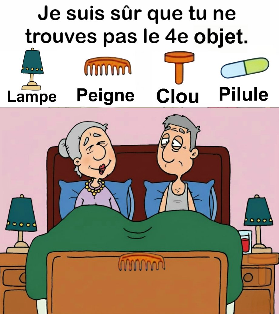 Trouvez Lampe, Peigne, Clou, Pilule.