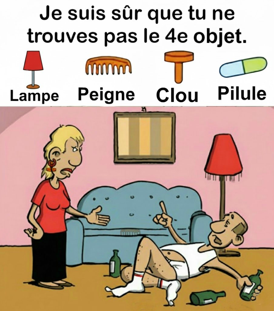 Trouvez Lampe, Peigne, Clou, Pilule.