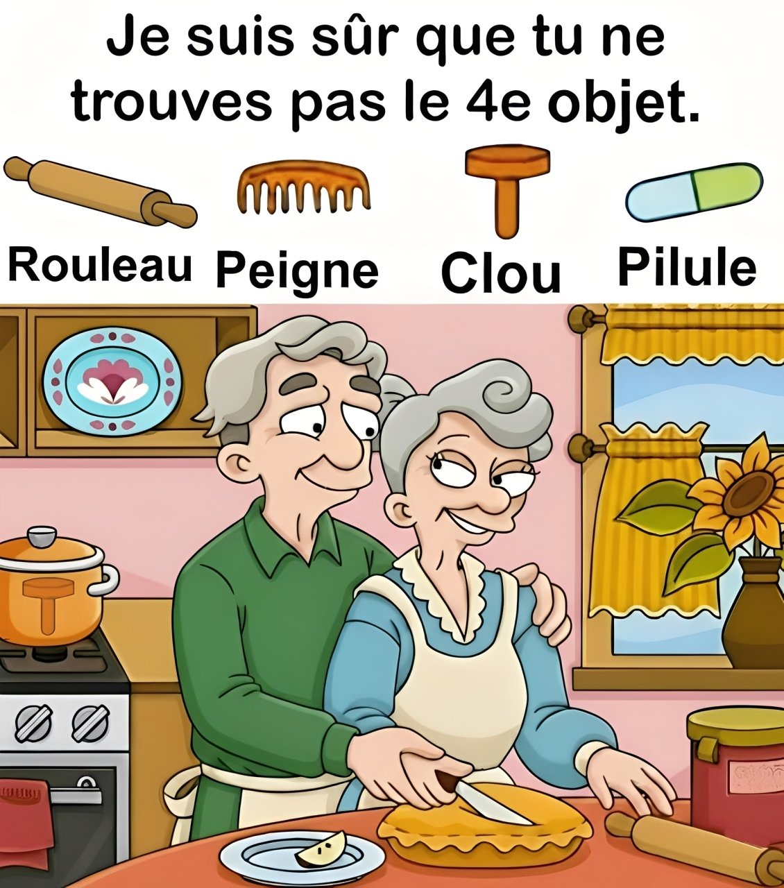 Trouvez Rouleau, Peigne, Clou, Pilule.