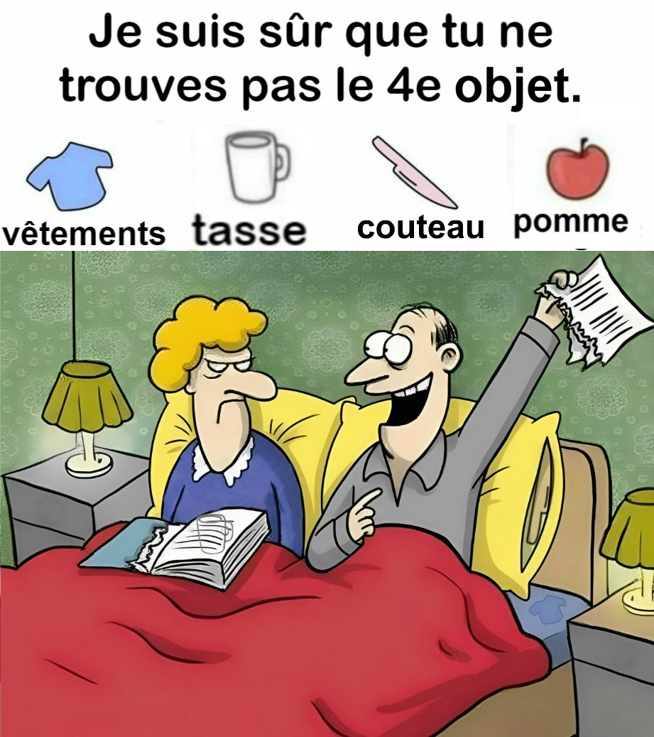 Trouvez vêtements, tasse, couteau, pomme.