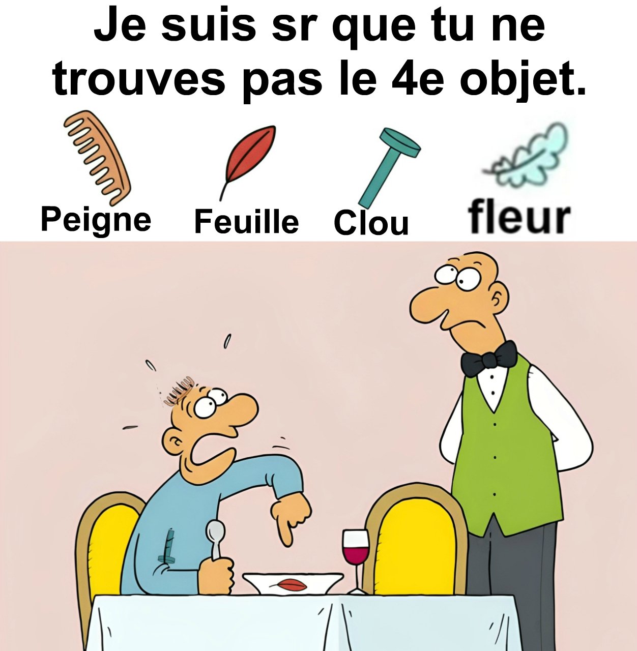 Trouvez peigne, feuille, clou et fleur.