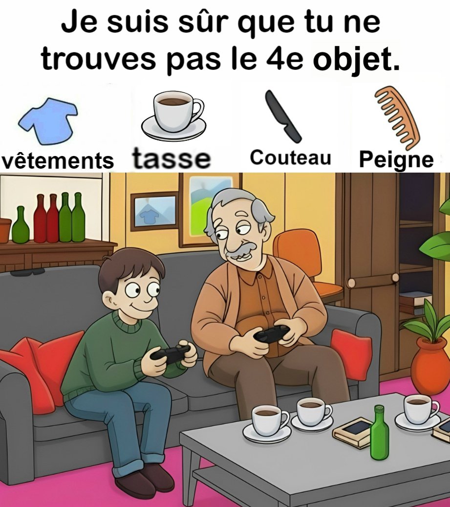 Trouvez vêtements, tasse, couteau, peigne.