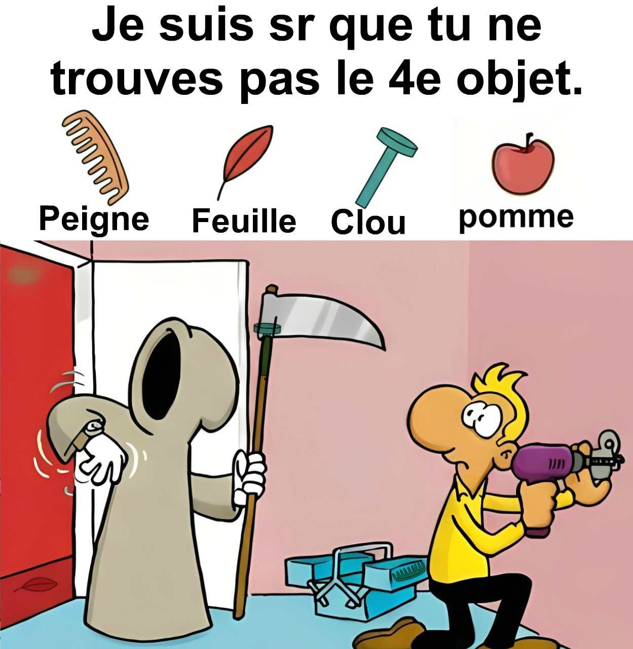 Trouvez peigne, feuille, clou et pomme.