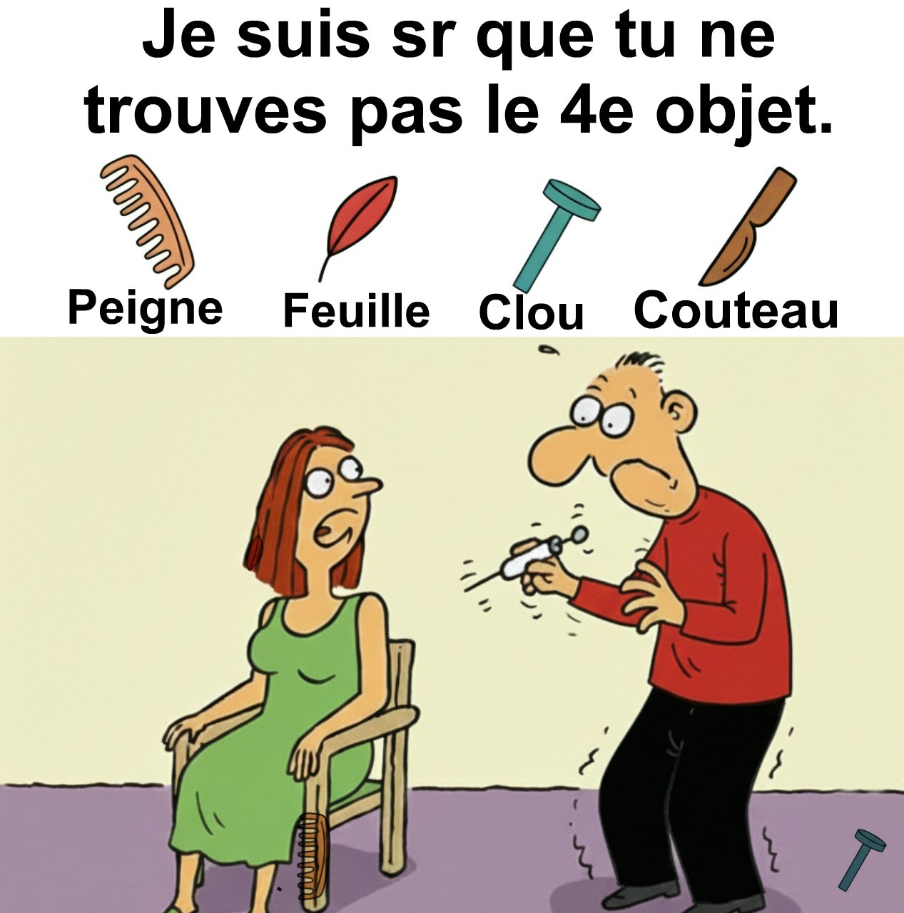 Trouvez peigne, feuille, clou et couteau.