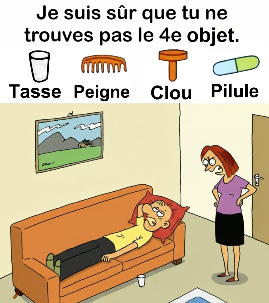 Trouvez Tasse, Peigne, Clou, Pilule.