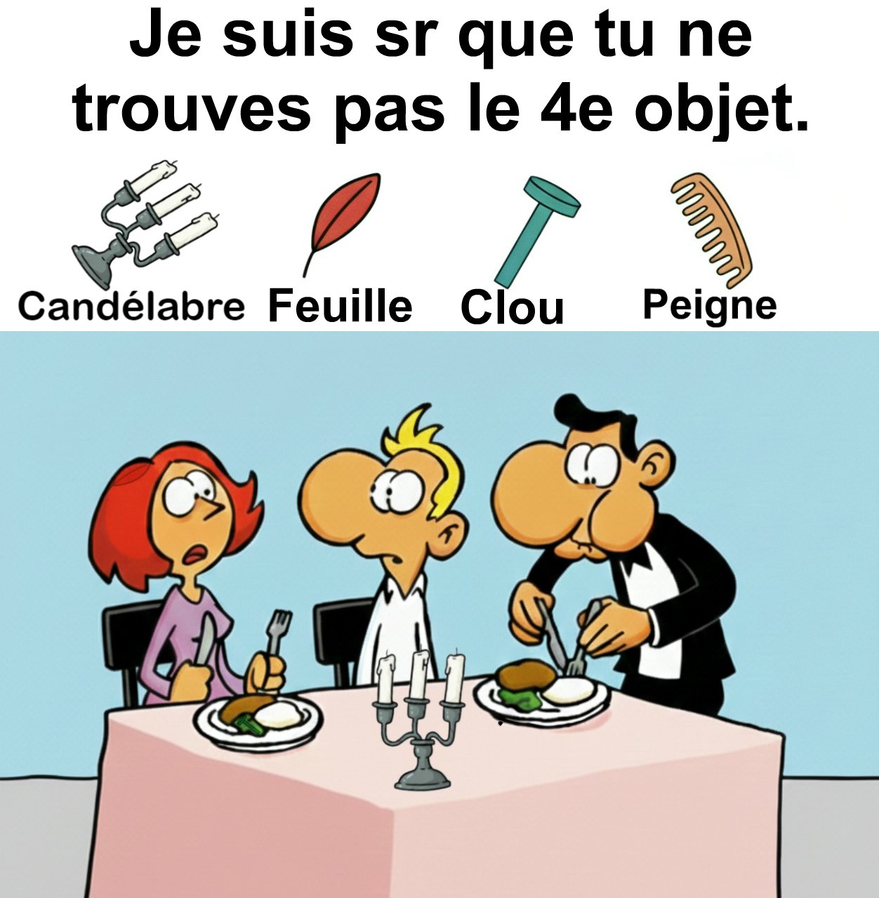 Trouvez candélabre, feuille, clou et peigne.