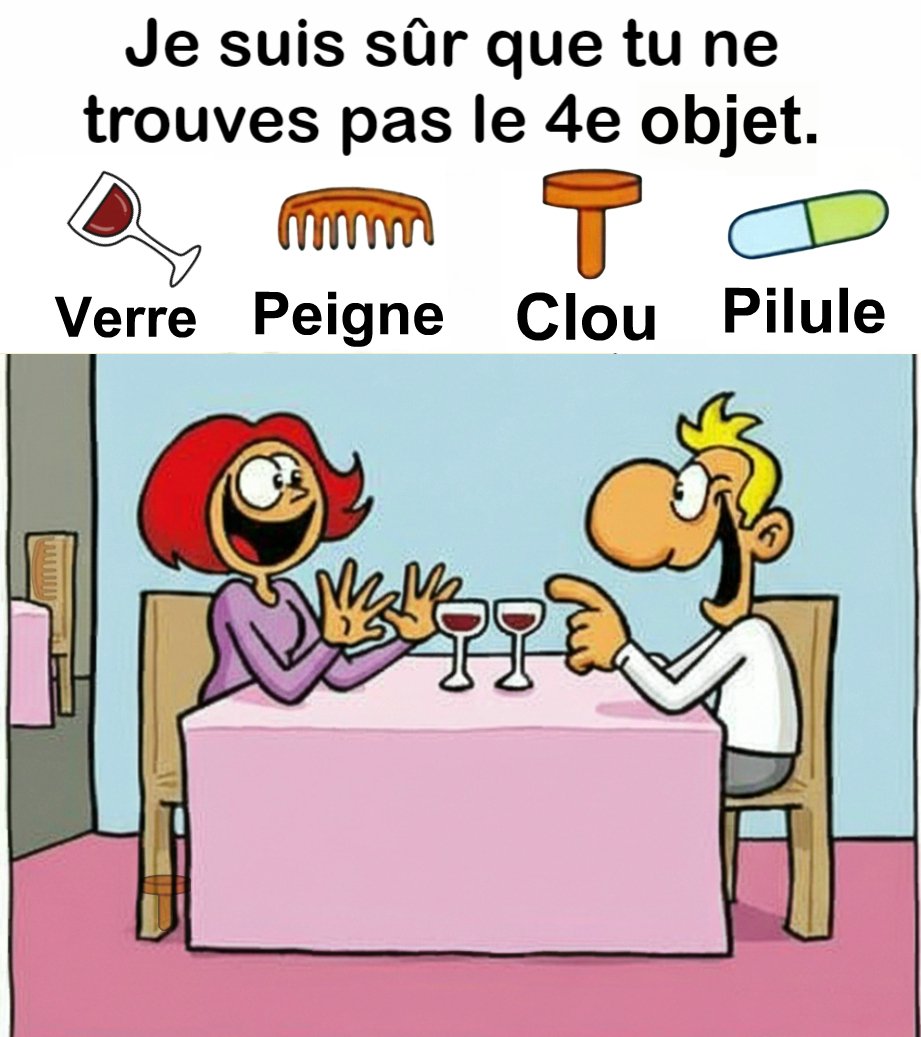 Trouvez Verre, Peigne, Clou, Pilule.