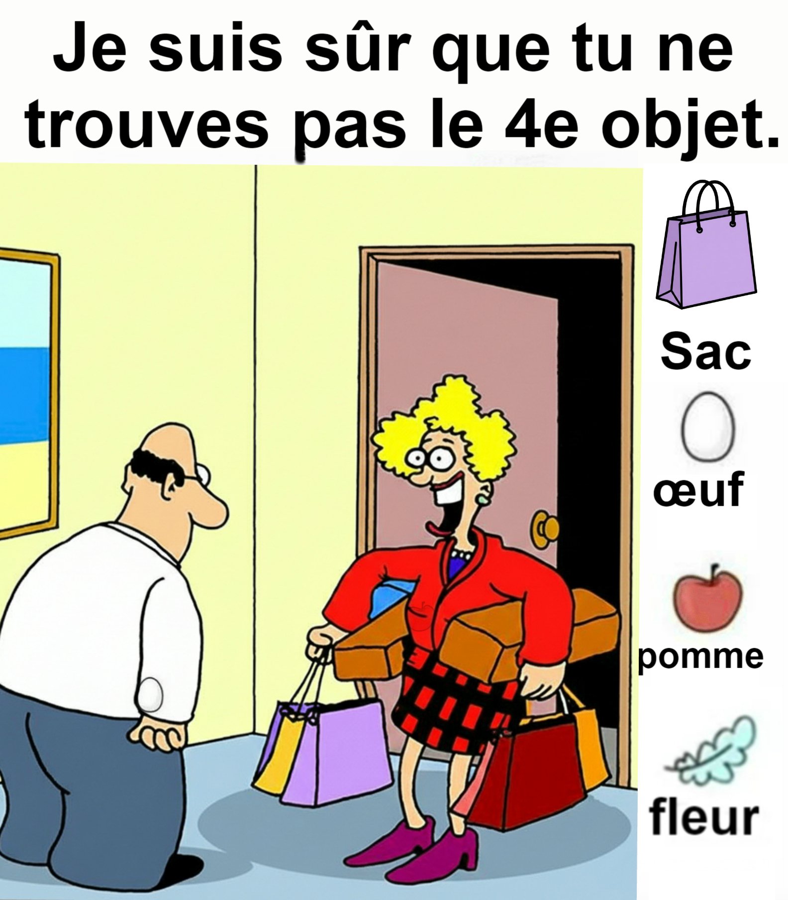 Trouvez la sac, l’œuf, la pomme et la fleur.