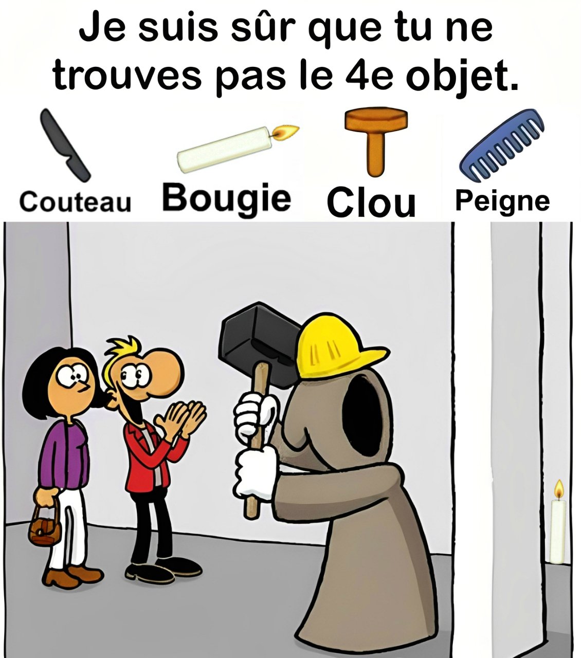 Trouvez Couteau, Bougie, Clou, Peigne.