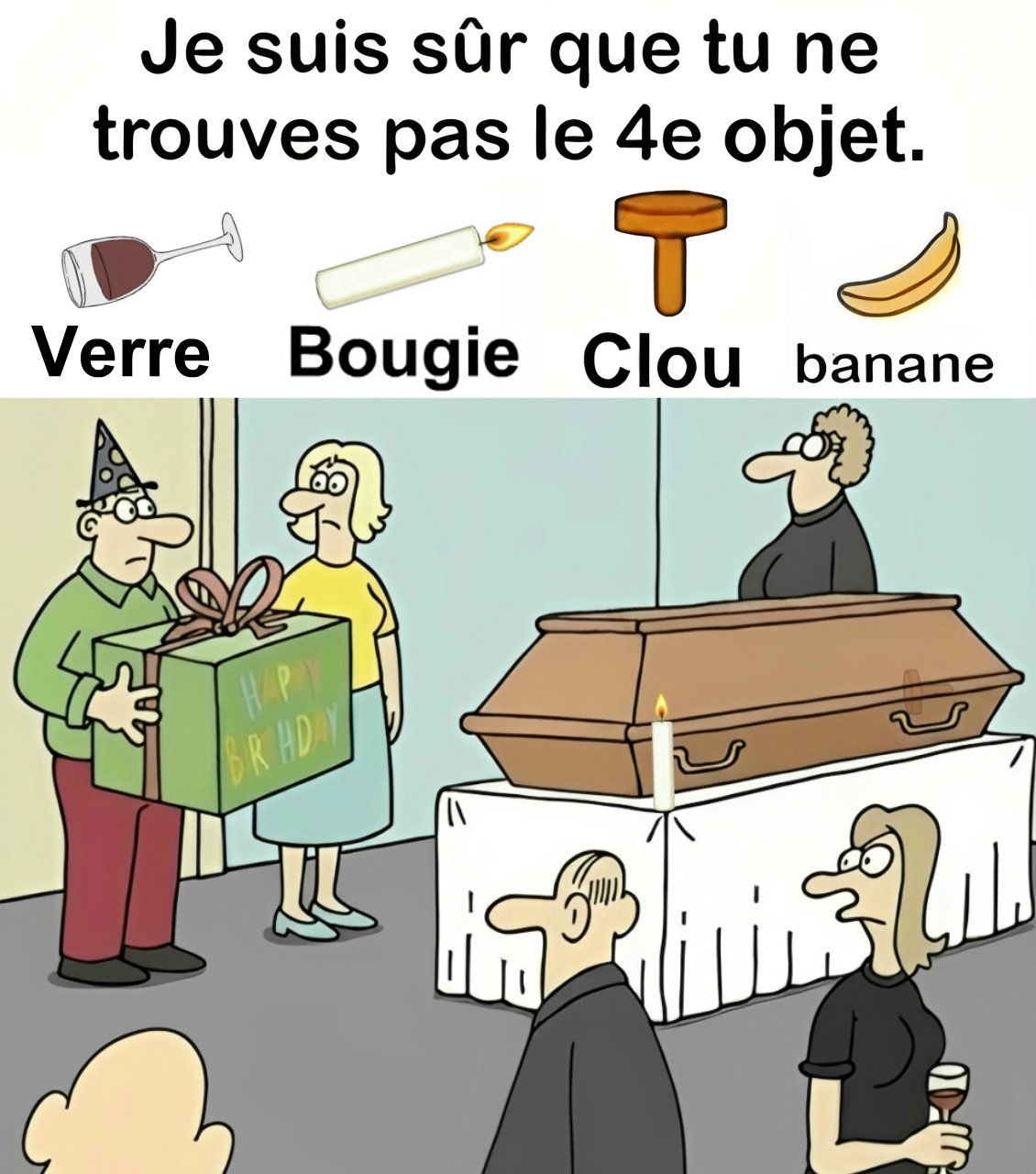 Trouvez Verre, Bougie, Clou, Banane.
