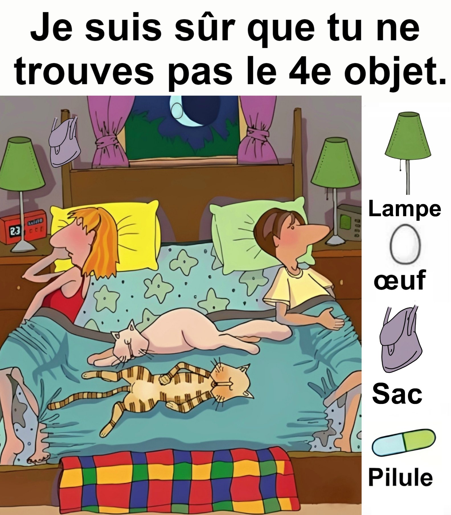Trouvez  Lampe, Œuf, Sac, Pilule.