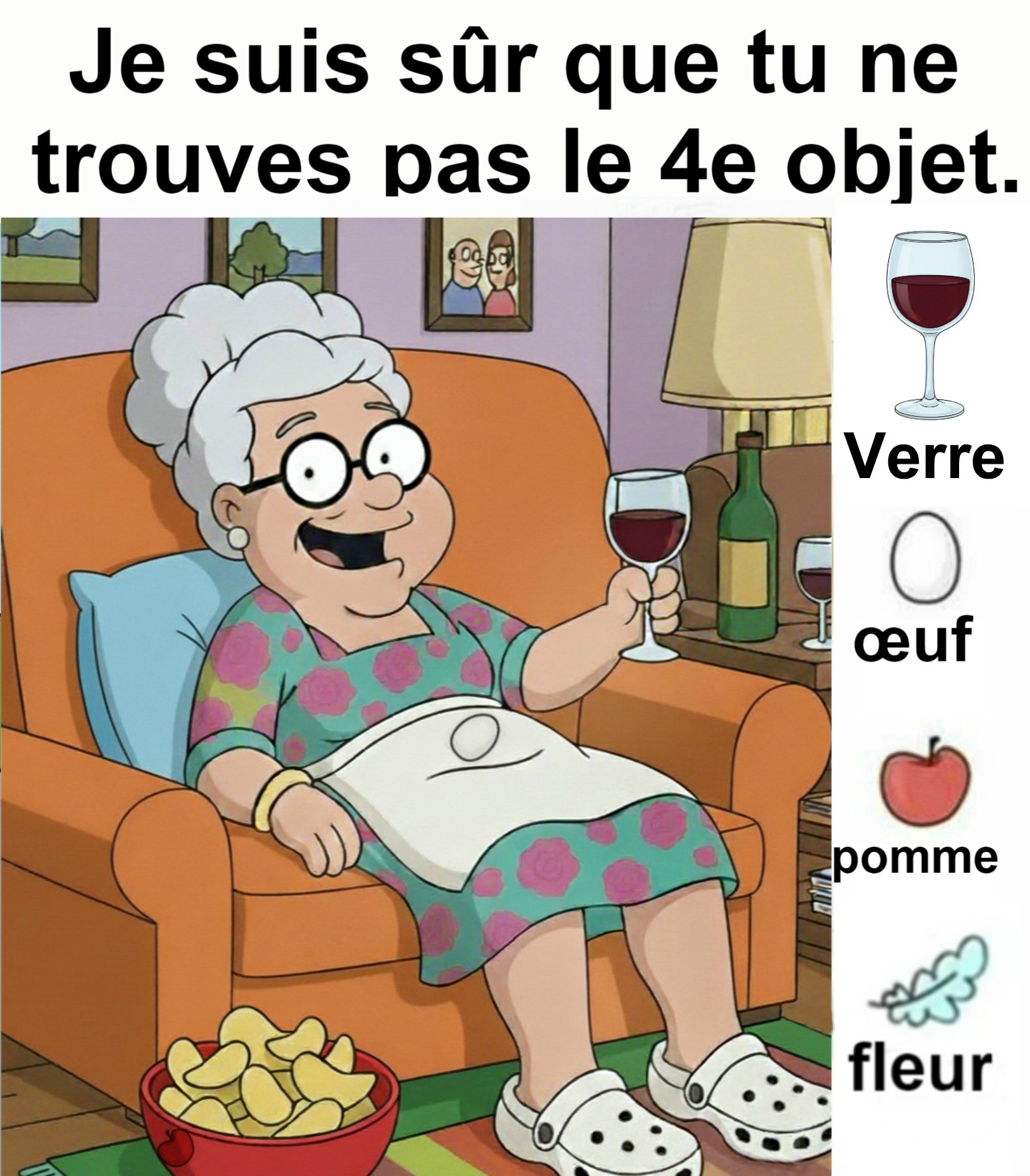 Trouvez la verre, l’œuf, la pomme et la fleur.