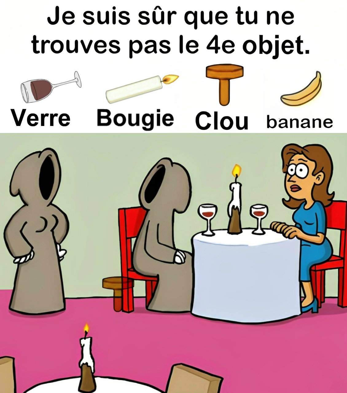 Trouvez Verre, Bougie, Clou, Banane.