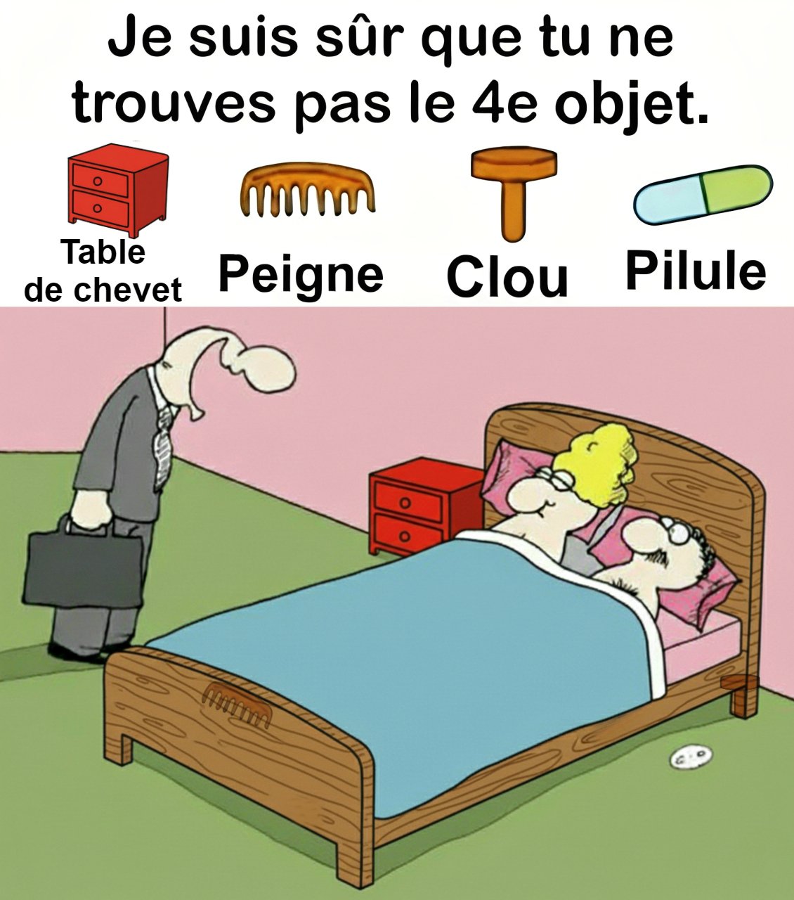 Trouvez Table de chevet, Peigne, Clou, Pilule.