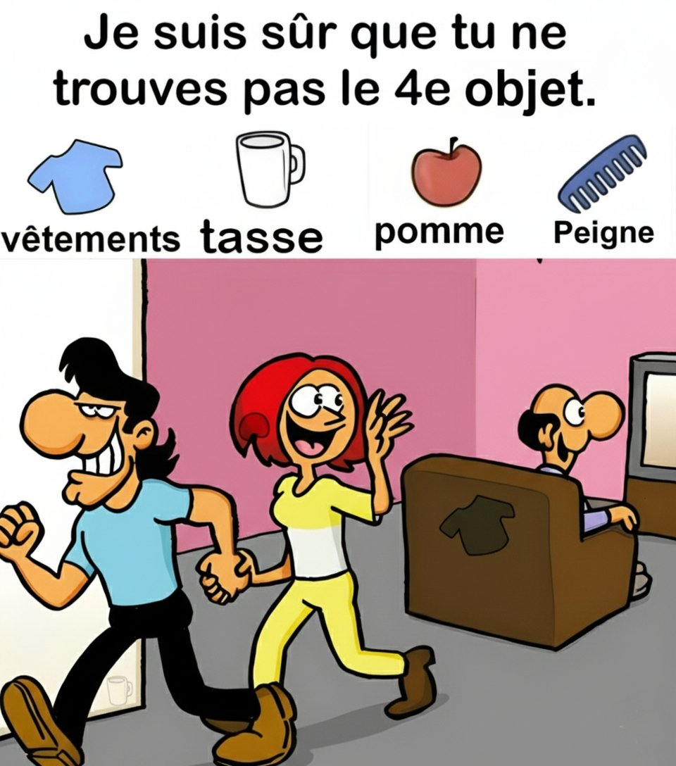 Trouvez vêtements, tasse, pomme, peigne.