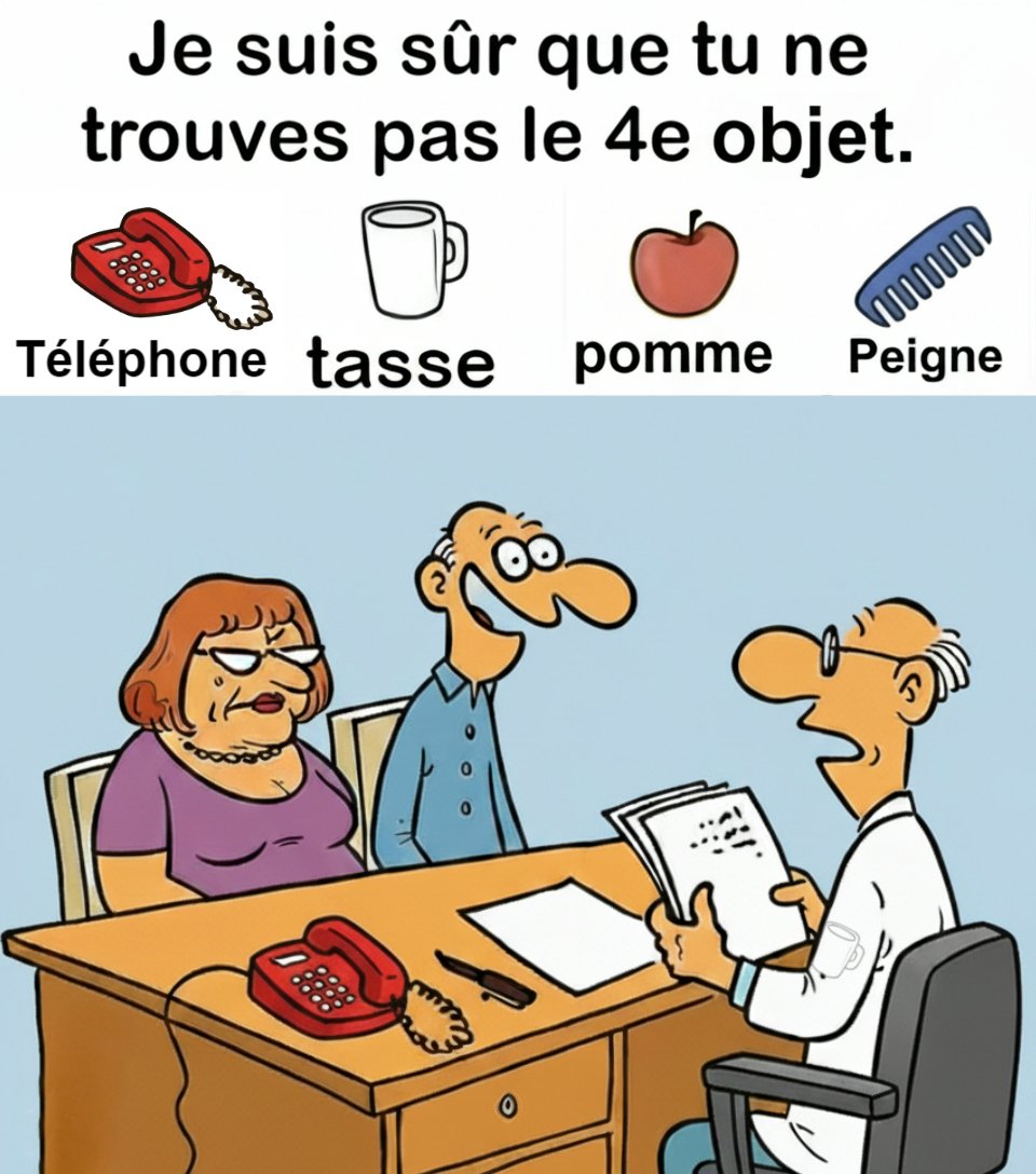 Trouvez téléphone, tasse, pomme, peigne.