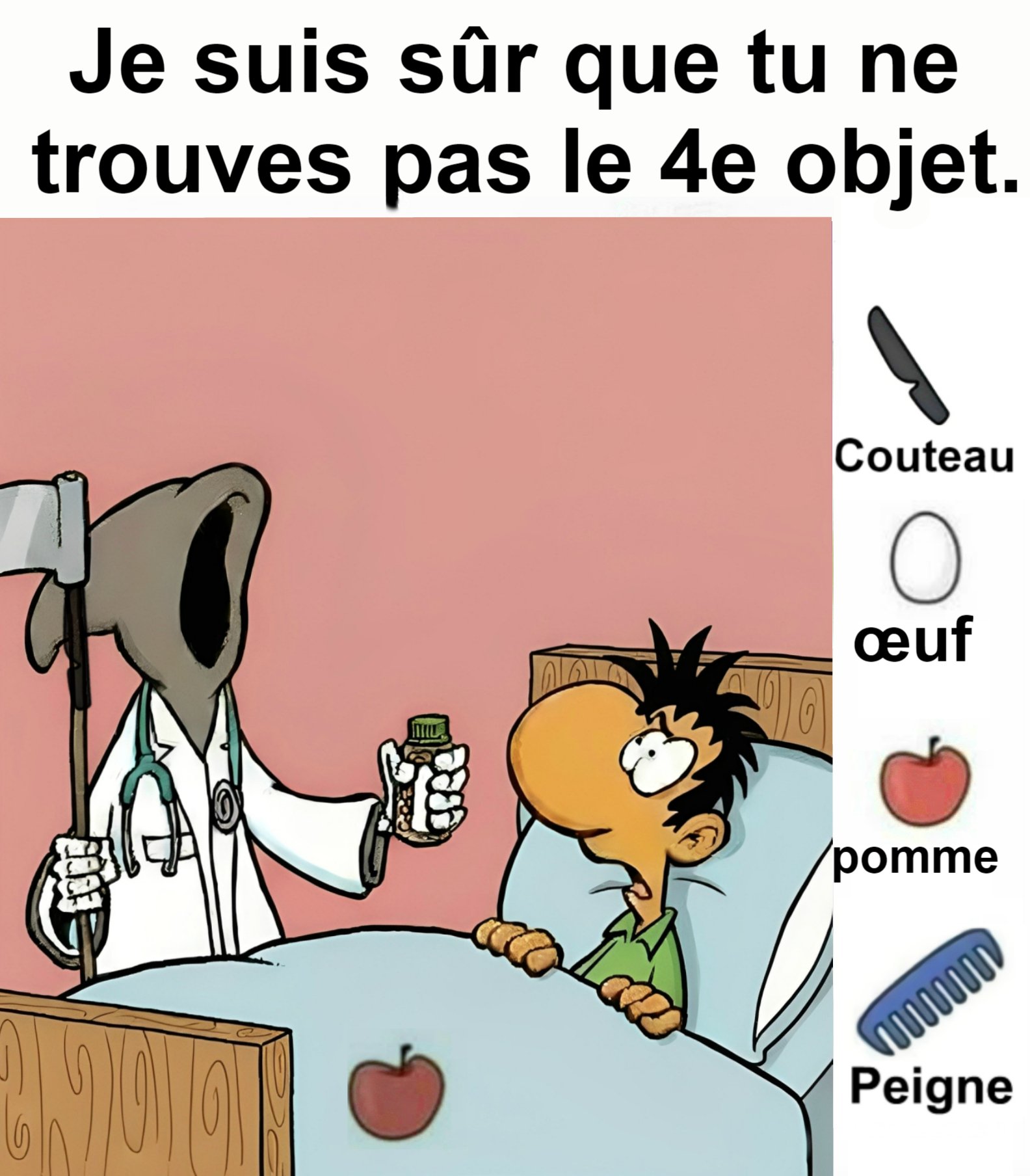 Trouvez Couteau, Œuf, Pomme, Peigne.