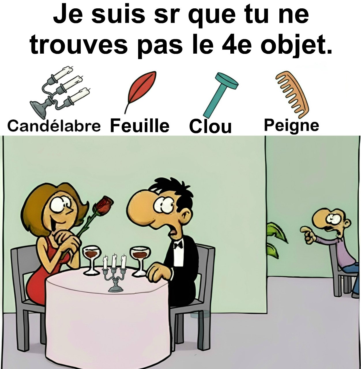 Trouvez candélabre, feuille, clou et peigne.