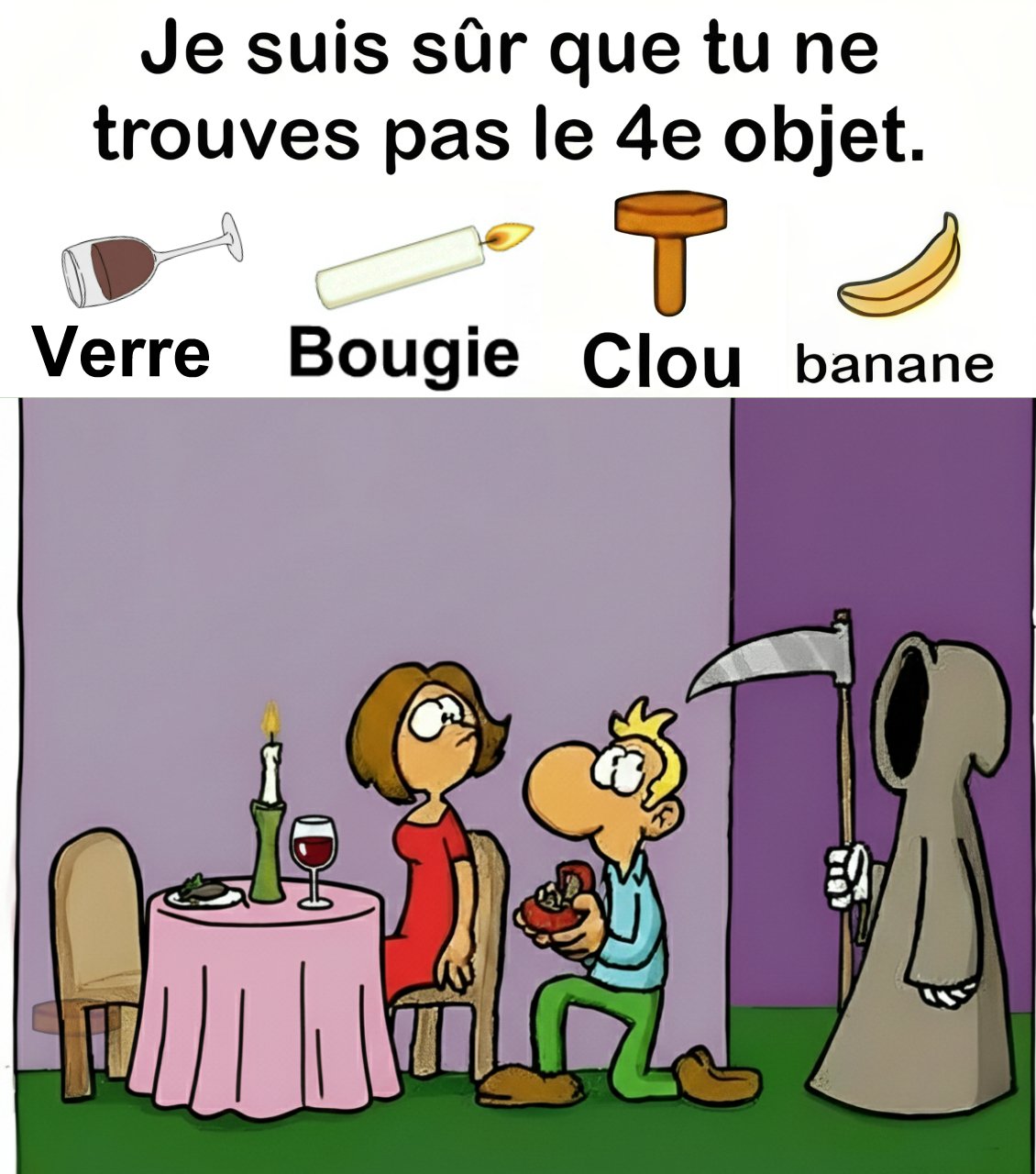 Trouvez Verre, Bougie, Clou, Banane.