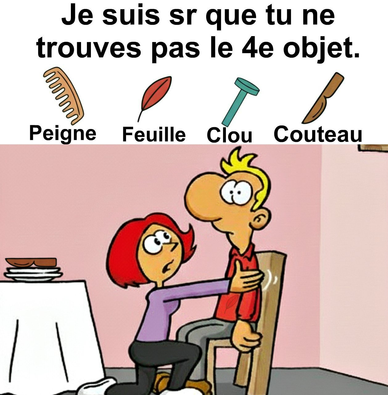 Trouvez peigne, feuille, clou et couteau.