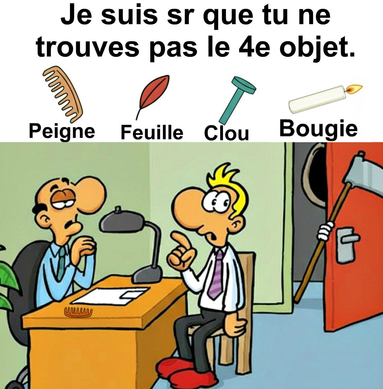 Trouvez peigne, feuille, clou et bougie.