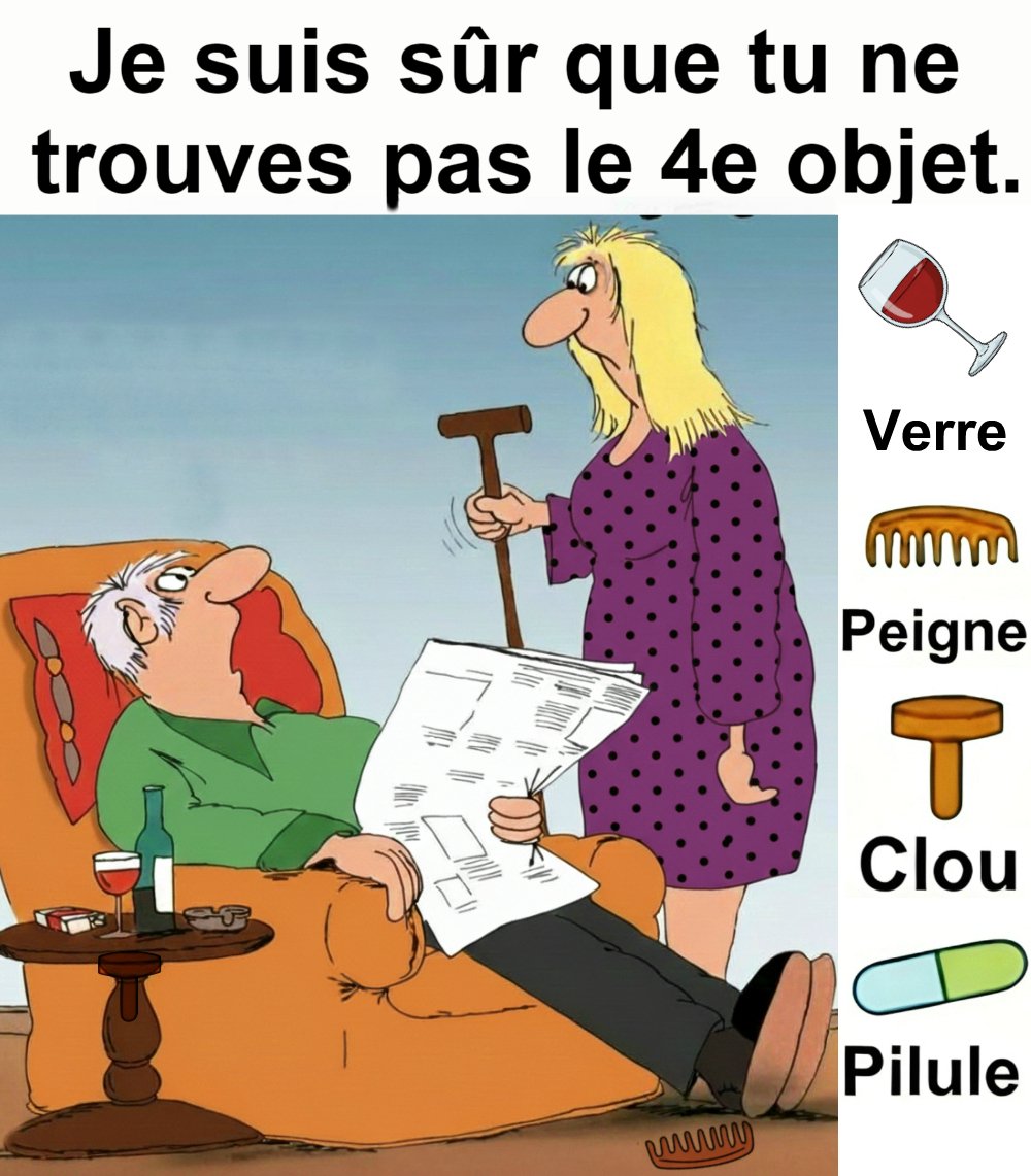 Trouvez Verre, Peigne, Clou, Pilule.