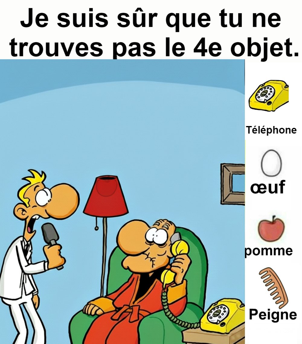 Trouvez le téléphone, l’œuf, la pomme et le peigne.