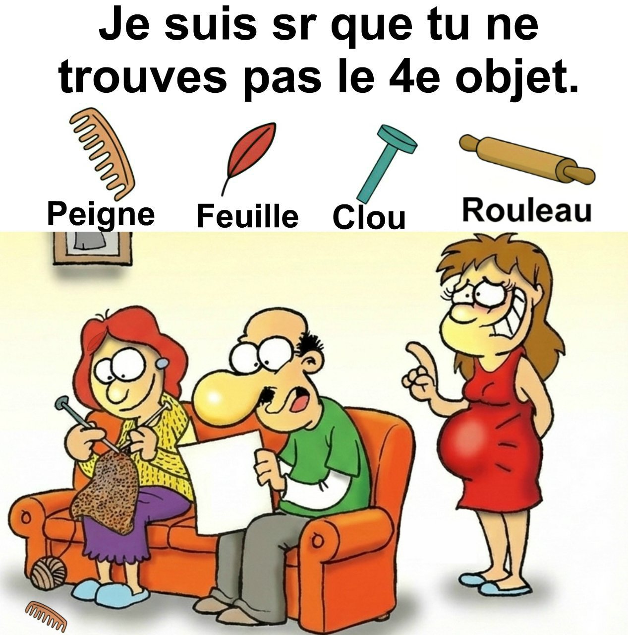 Trouvez peigne, feuille, clou et rouleau.