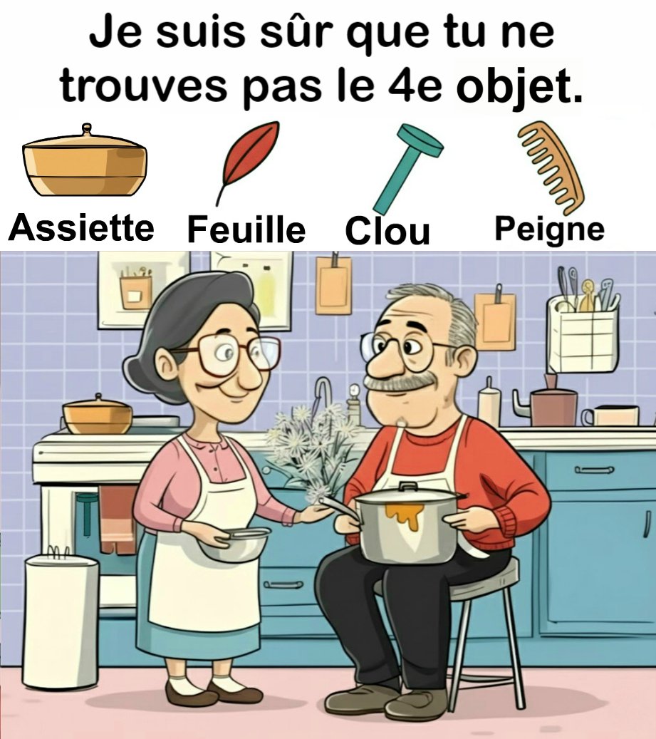 Trouvez assiette, feuille, clou et peigne.