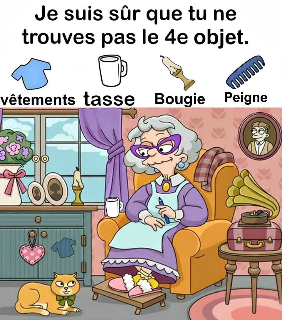Trouvez vêtements, tasse, bougie, peigne.