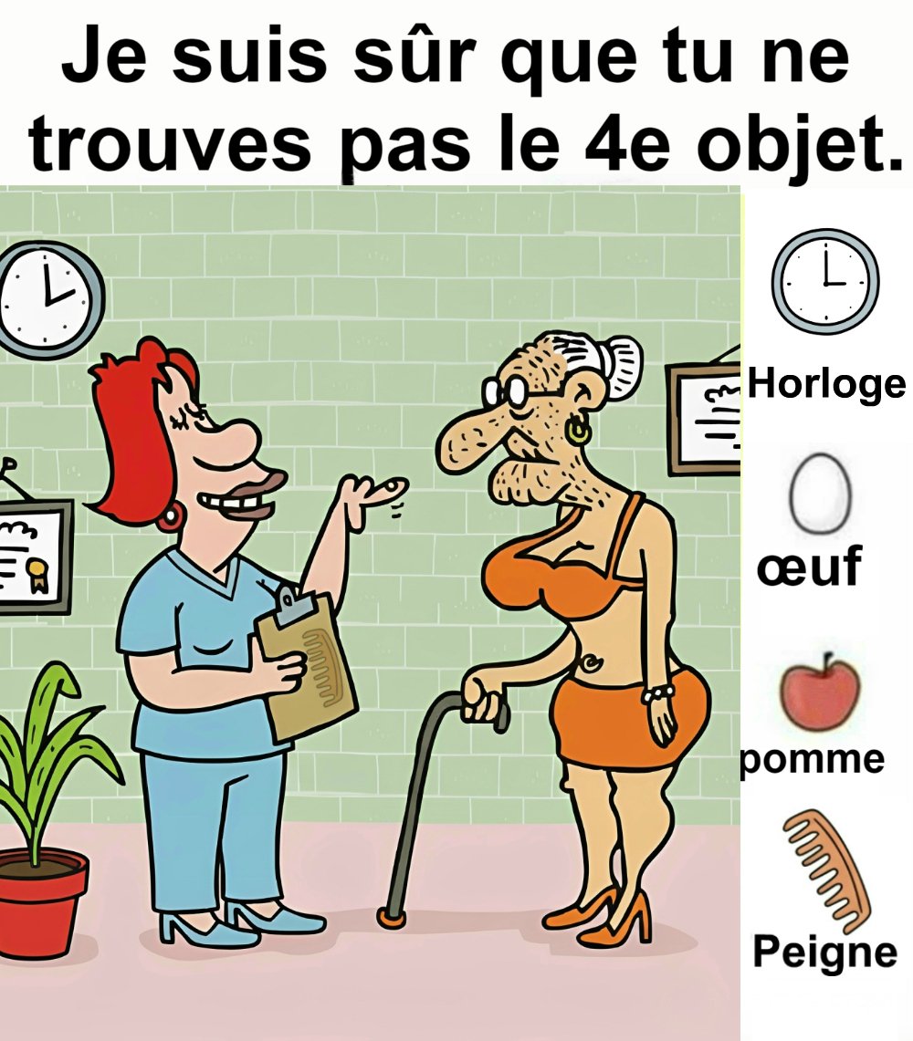 Trouvez le horloge, l’œuf, la pomme et le peigne.